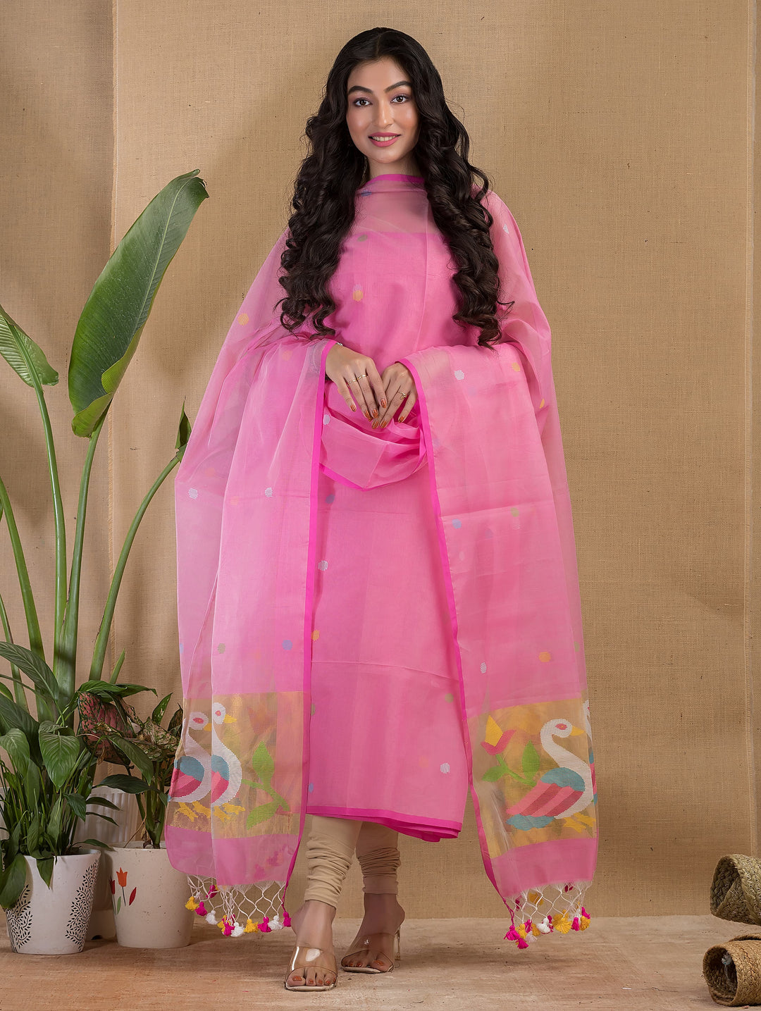 Pure Maslin silk 2PC Jamdani Handwork Unstitched Suit .