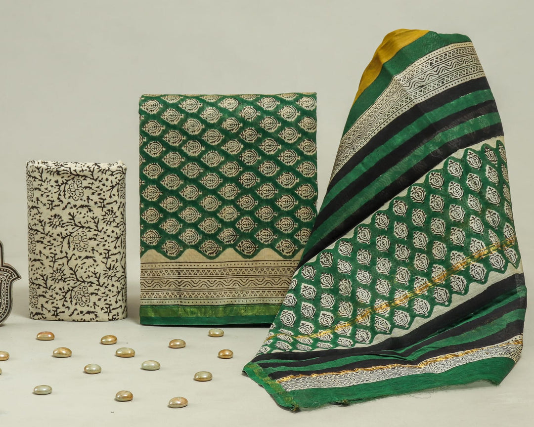 Pure Hand Block Chanderi Silk Unstitched Suit.