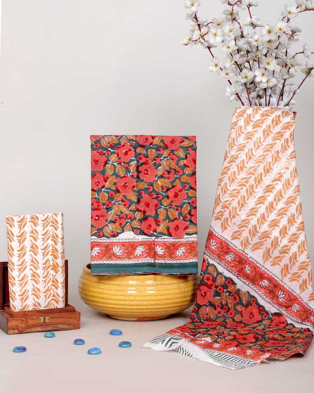 Pure Cotton Hand Block Printed Unstitched Suit Set With Cotton Dupatta.