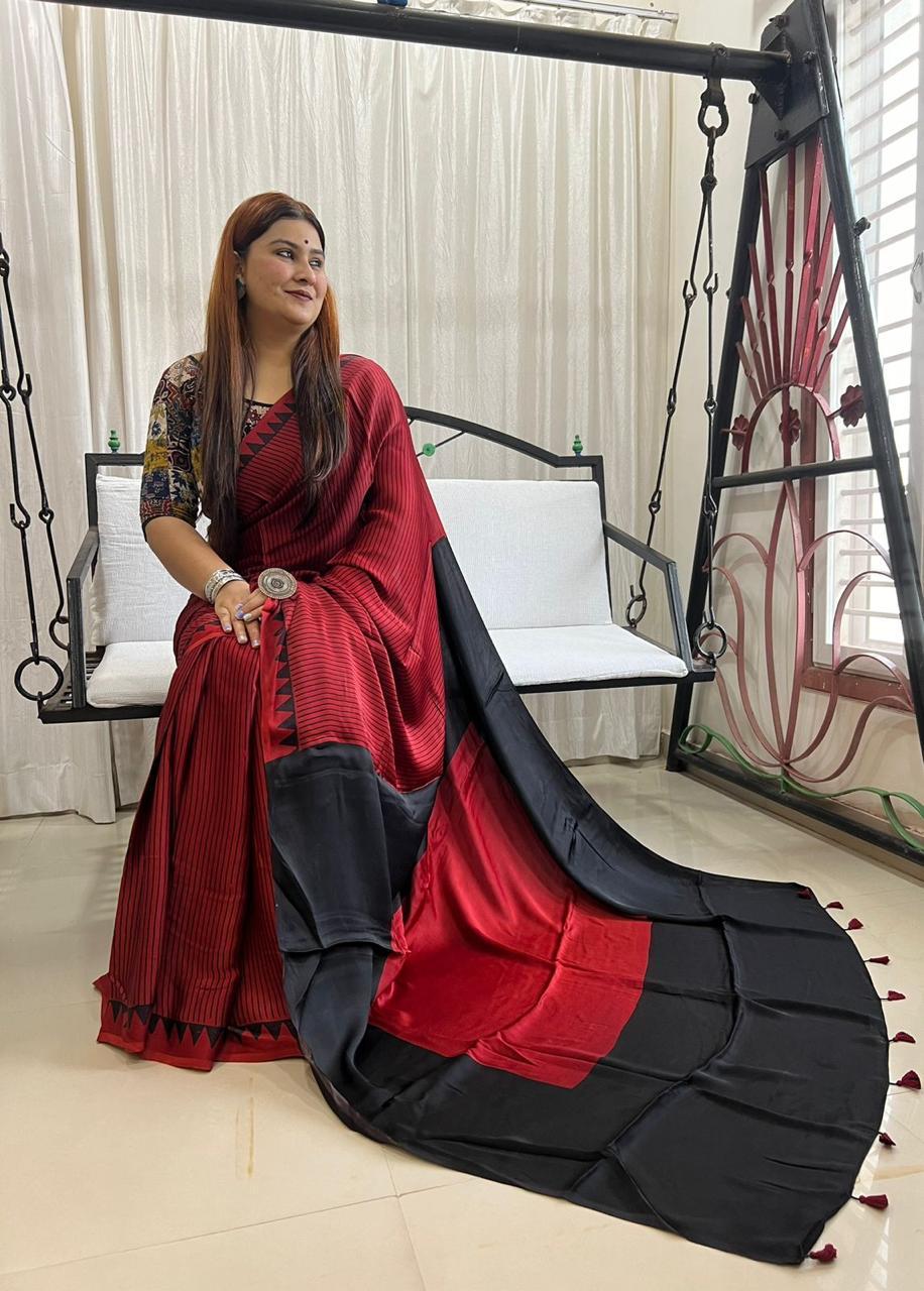 Pure Natural Dyeing Hand Block Ajrakh Print Modal silk saree.