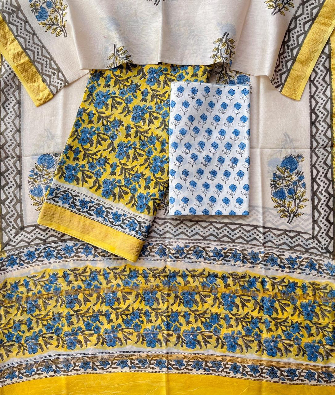 Pure Maheshwari Silk Hand block print Unstitched Suit.
