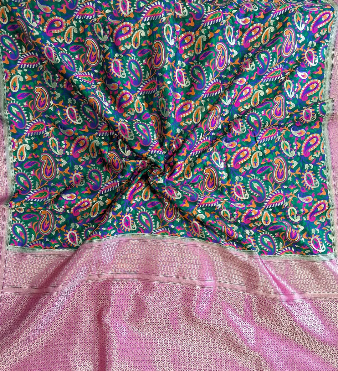 Green color Banarasi Handloom Silk Multi Meena Zari Work Saree