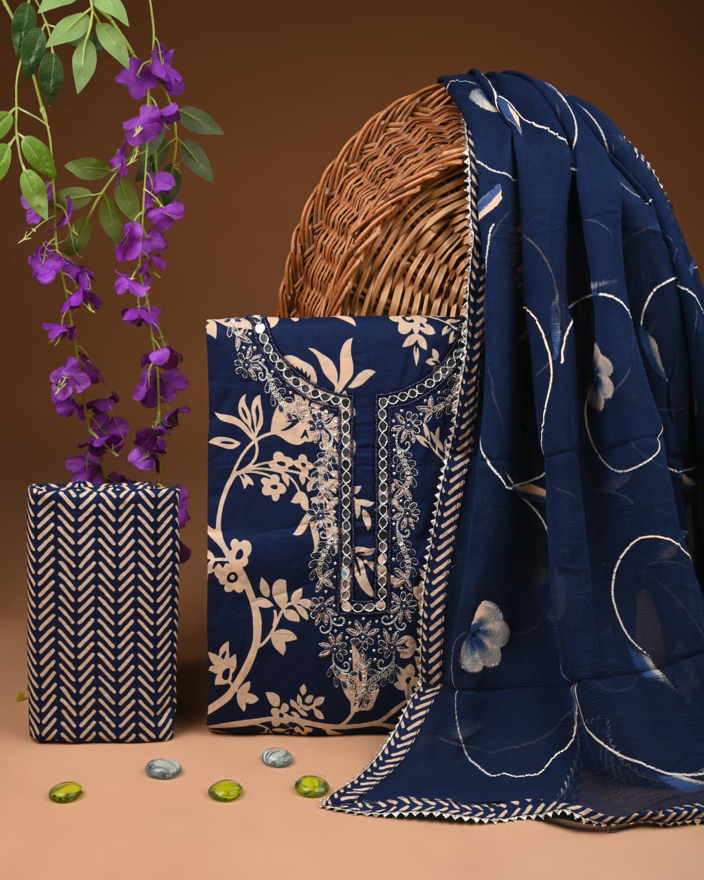 Pure Cotton Gotta patti Work unstitched Suit With Chiffon Dupatta.