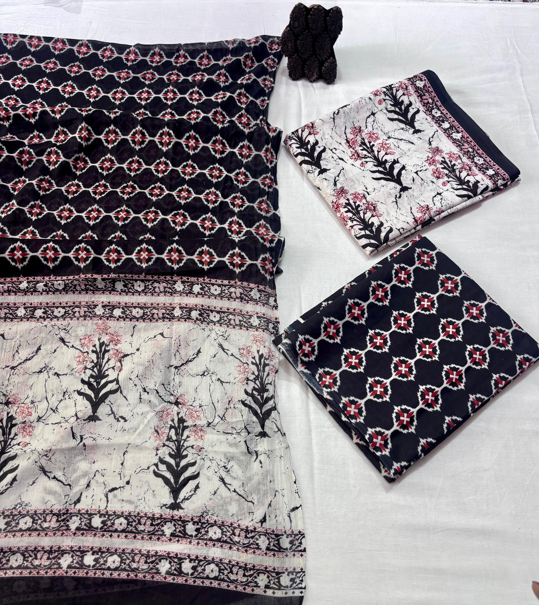 Pure Cotton Hand Block Printed Unstitched Suit Set With Cotton dupatta.