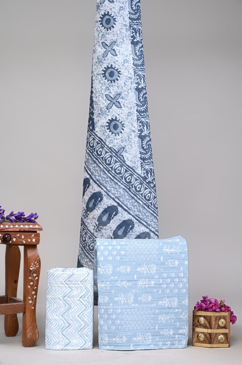 Pure Cotton Hand Block Printed Unstitched Suit Set With Cotton dupatta.