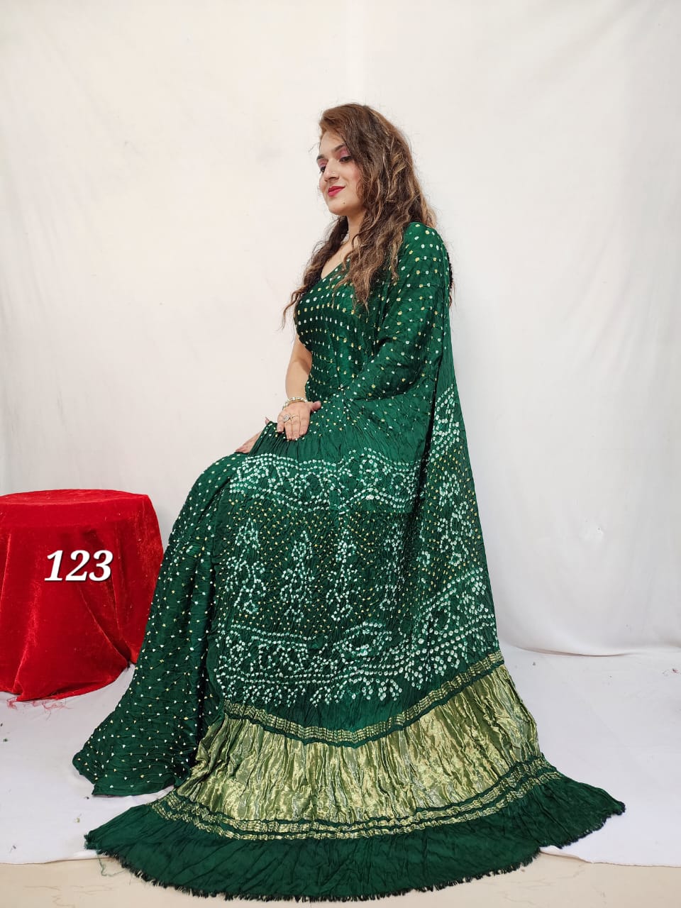 Pure Natural Dyeing Hand Block Bandhej Print Modal silk saree.