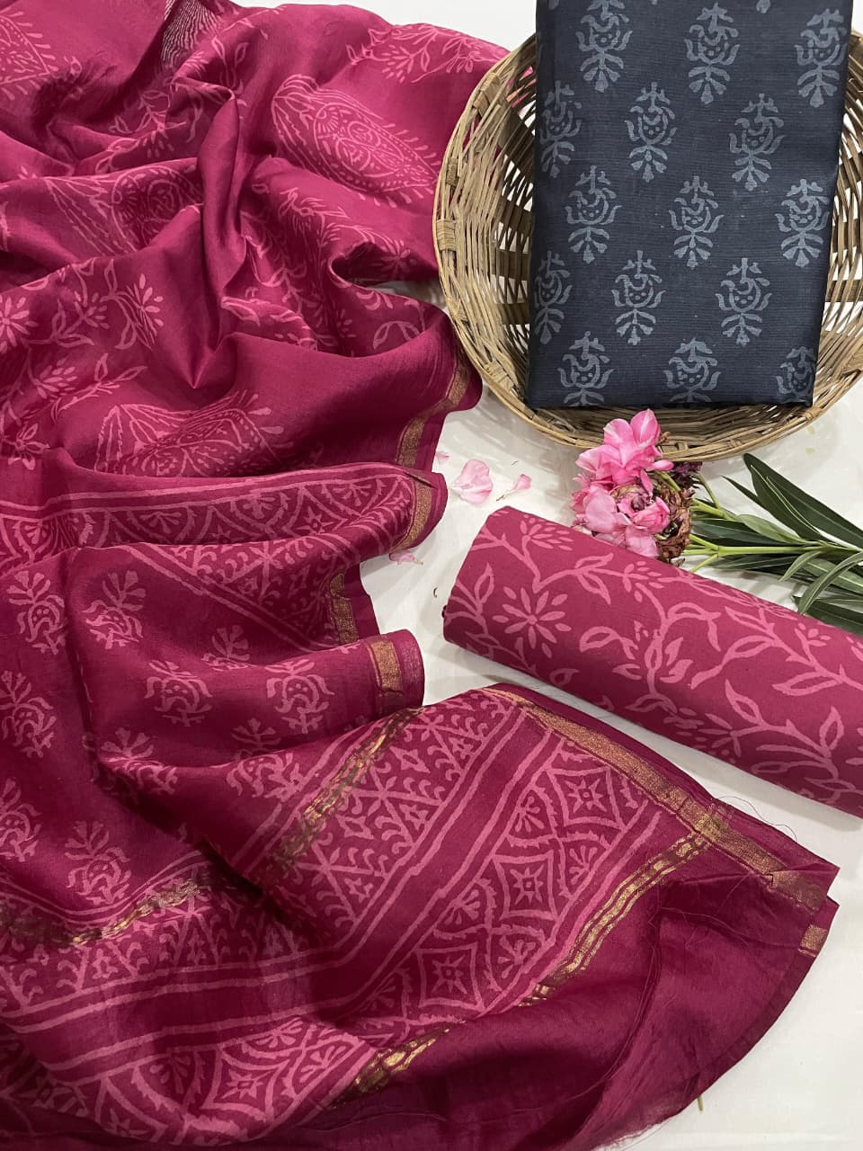 Pure Hand Block Chanderi Silk Unstitched Suit.
