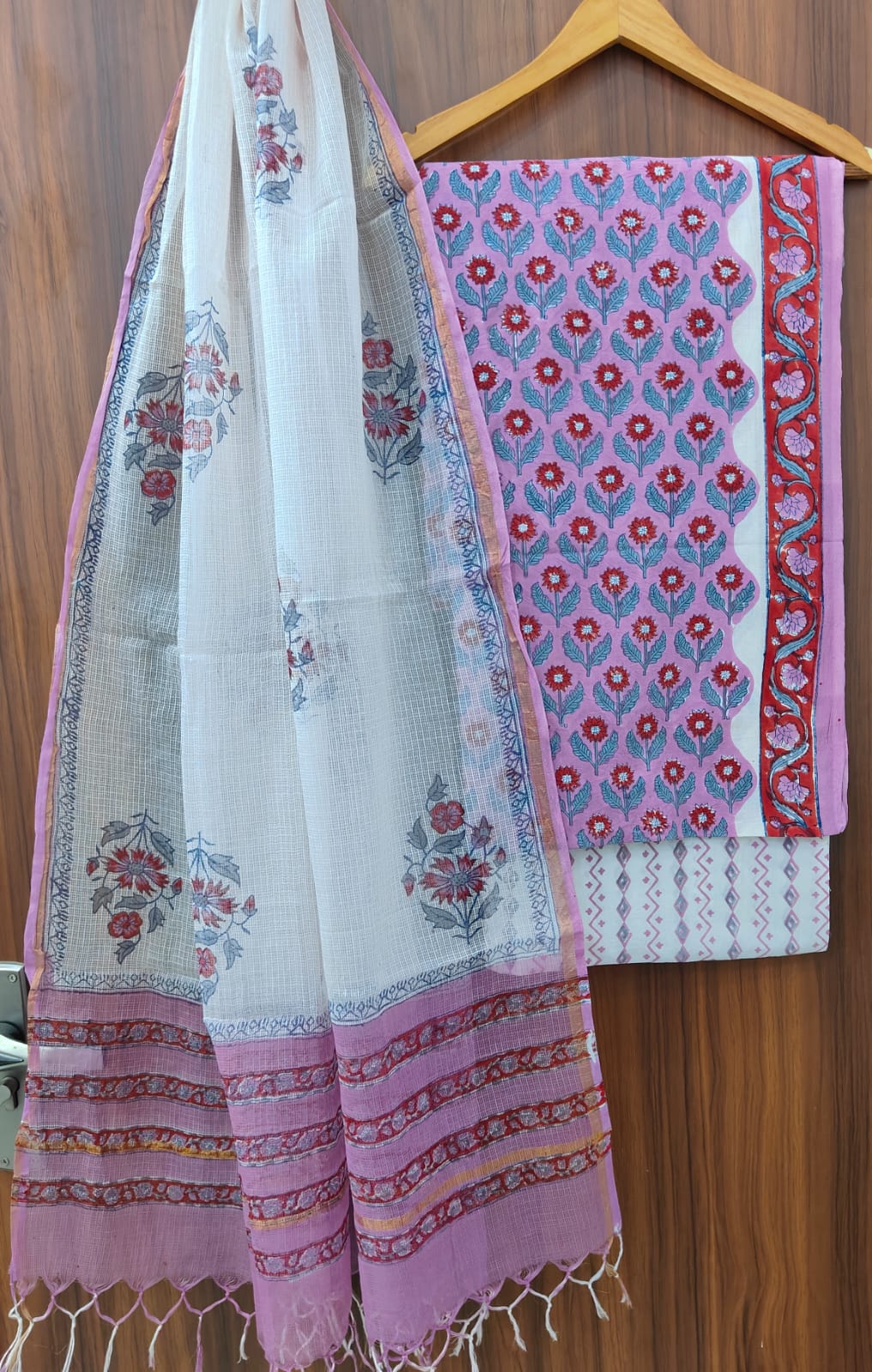 Pure Cotton Hand block print Unstitched Suit with Kota Dupatta.