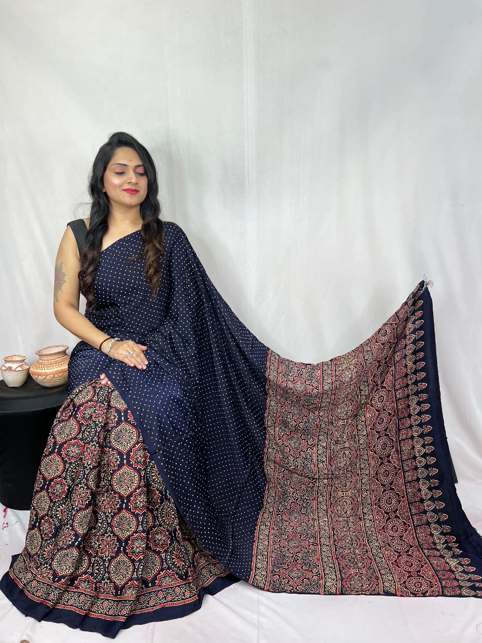 Pure Natural Dyeing Hand Block Print Modal silk saree.