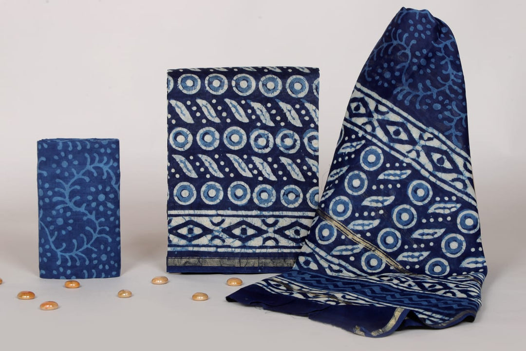 Pure Hand Block Chanderi Silk Unstitched Suit.