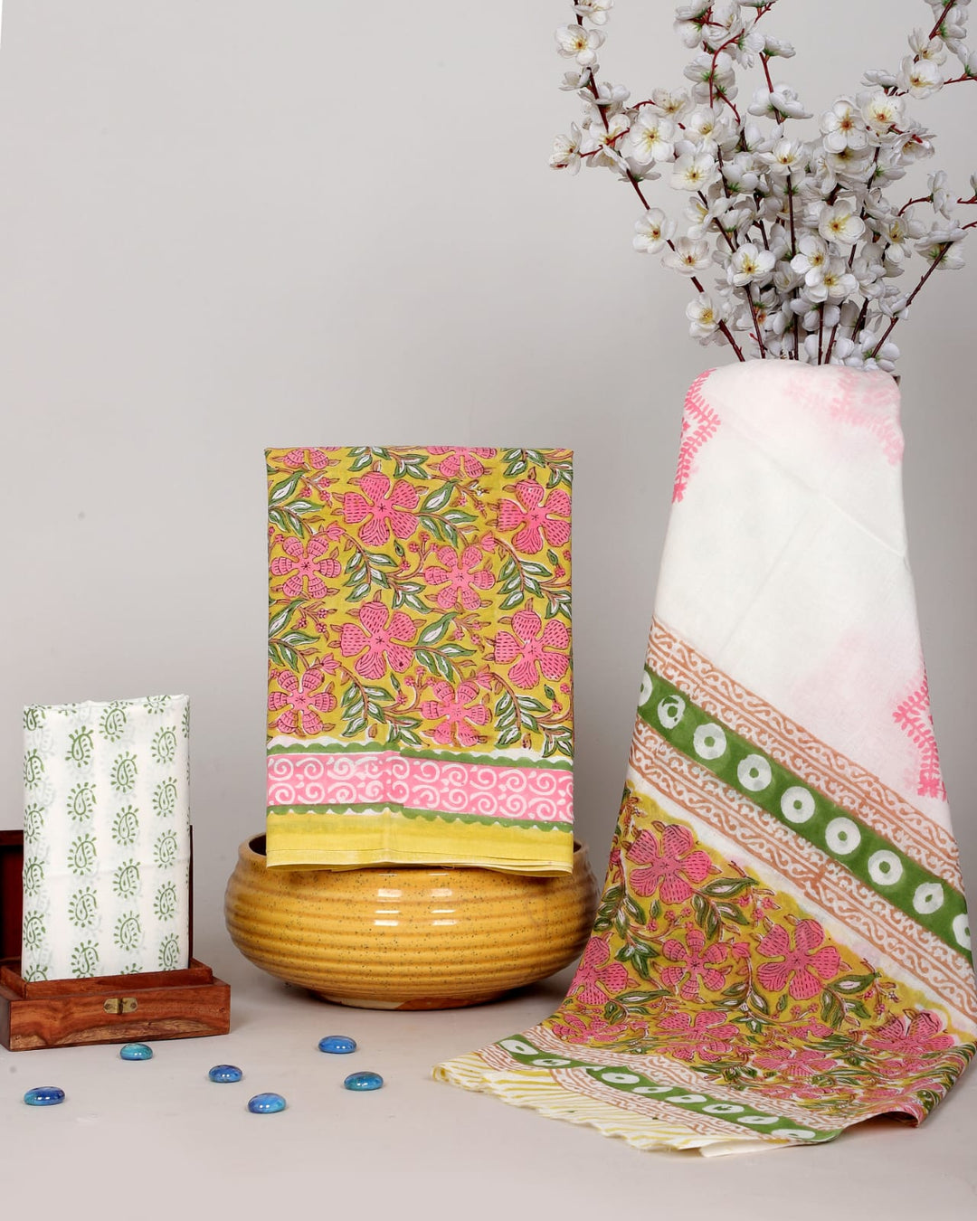 Pure Cotton Hand Block Printed Unstitched Suit Set With Cotton Dupatta.