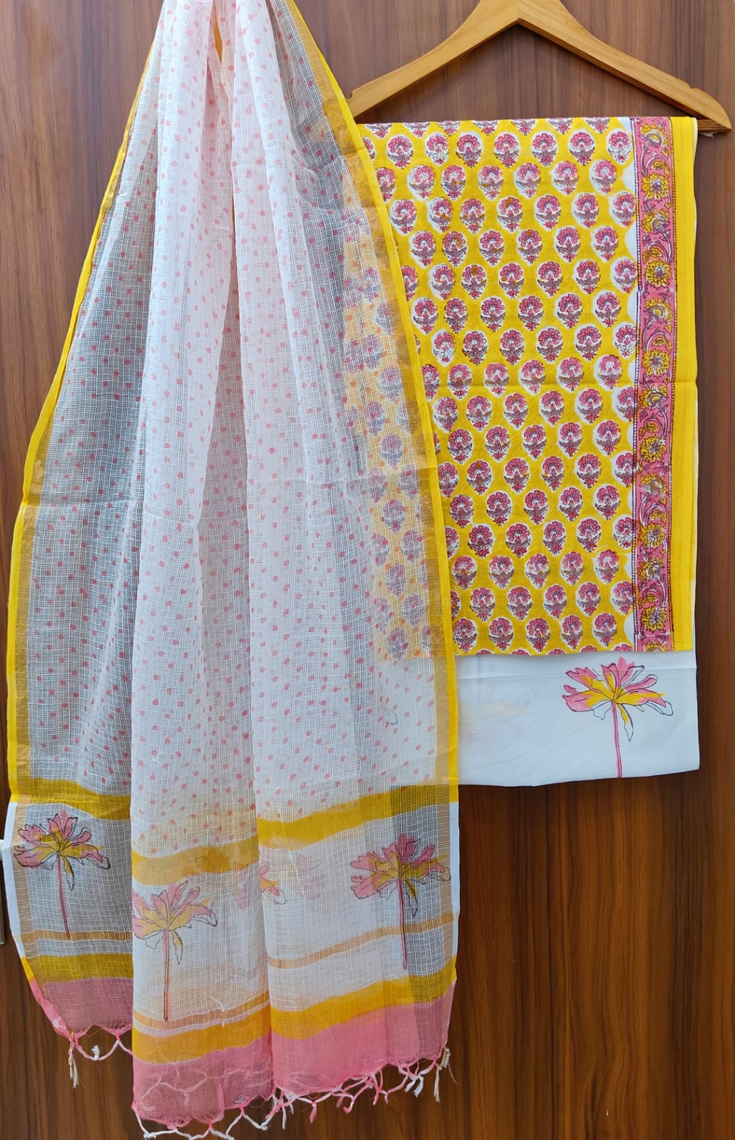 Pure Cotton Hand block print Unstitched Suit with Kota Dupatta .