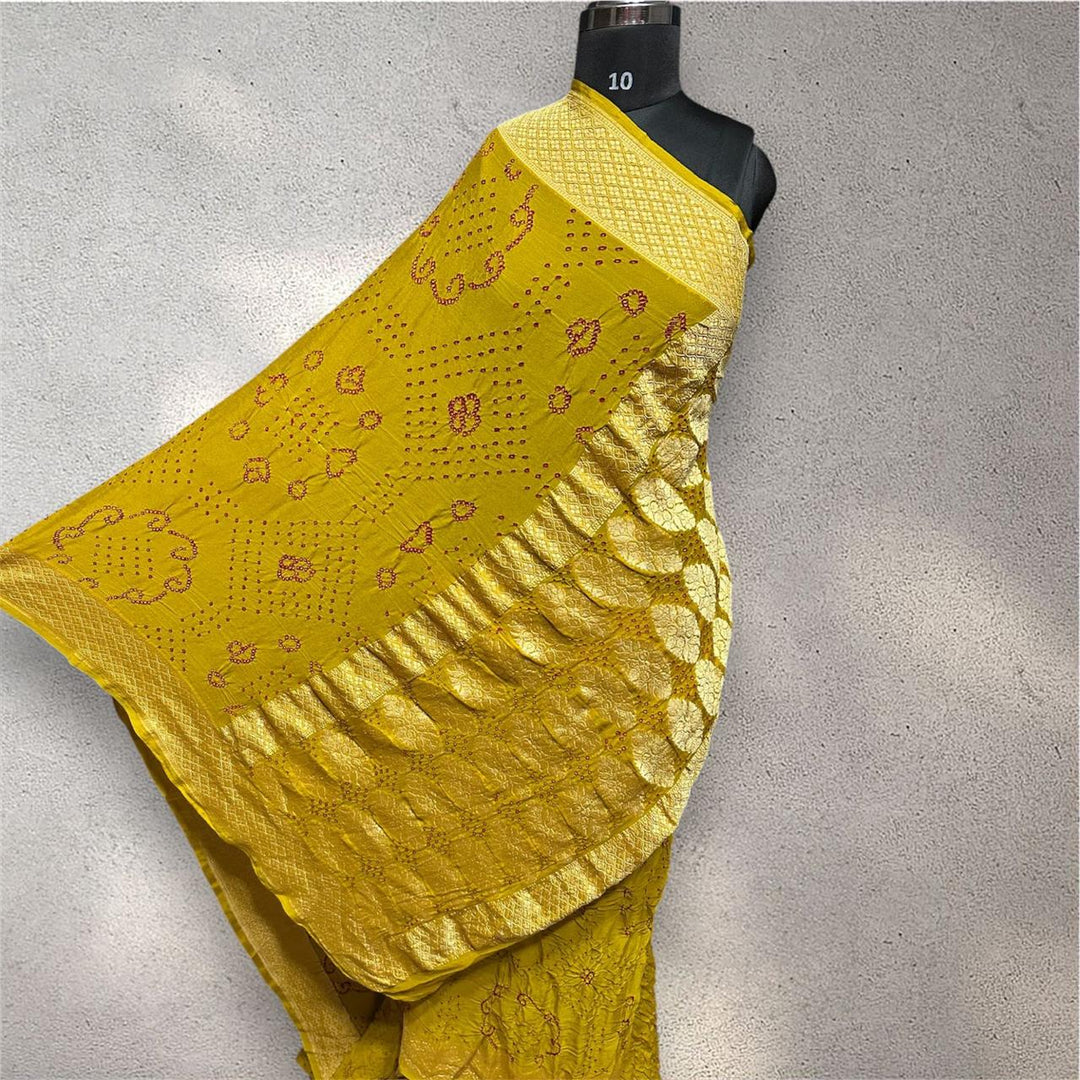 Pure Khaddi Georgette Handloom Neem Zari Work saree With Raiy Bandhej .