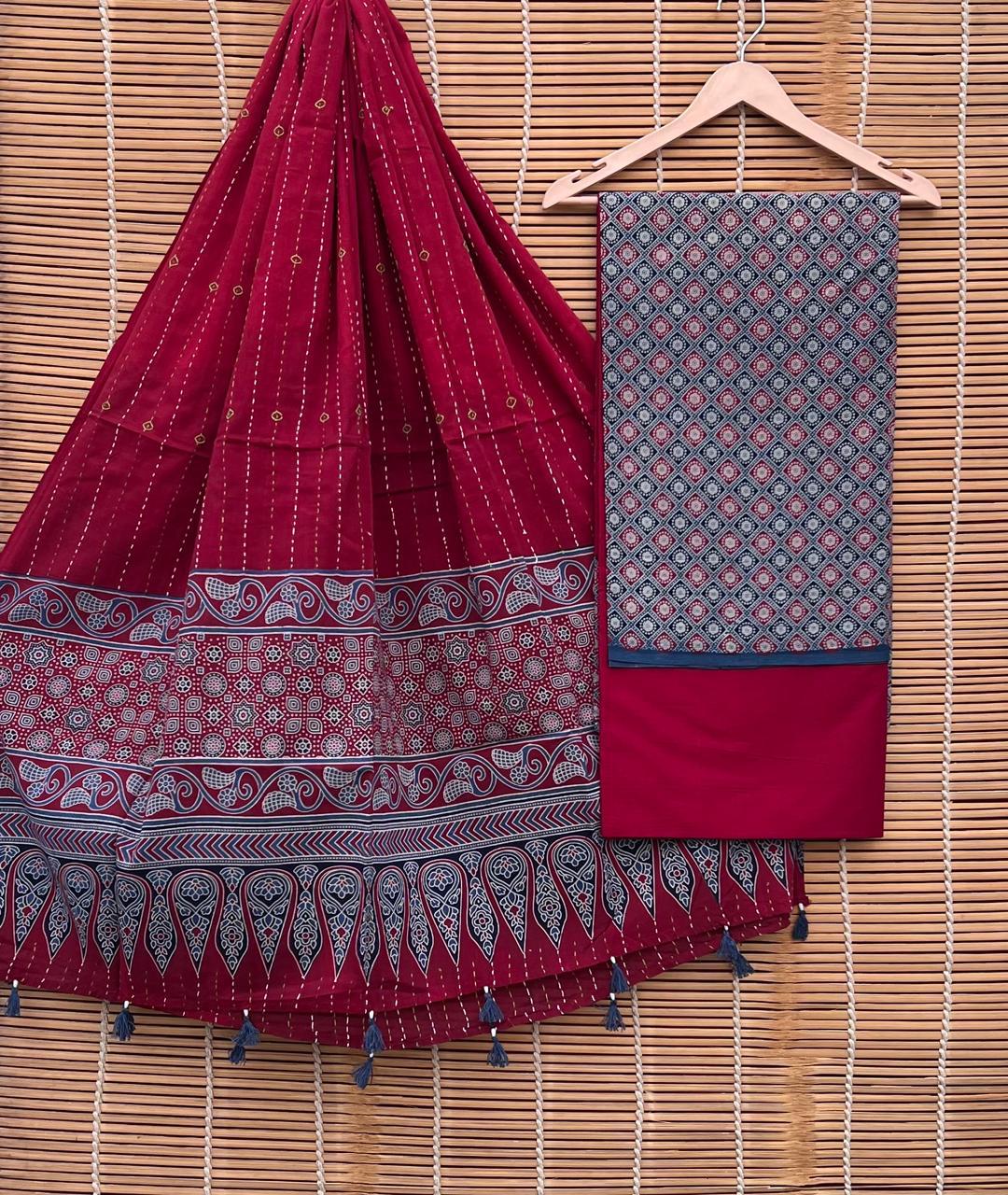 Pure Cotton Azrakh Print Unstitched suit Whit Kantha Work Dupatta.