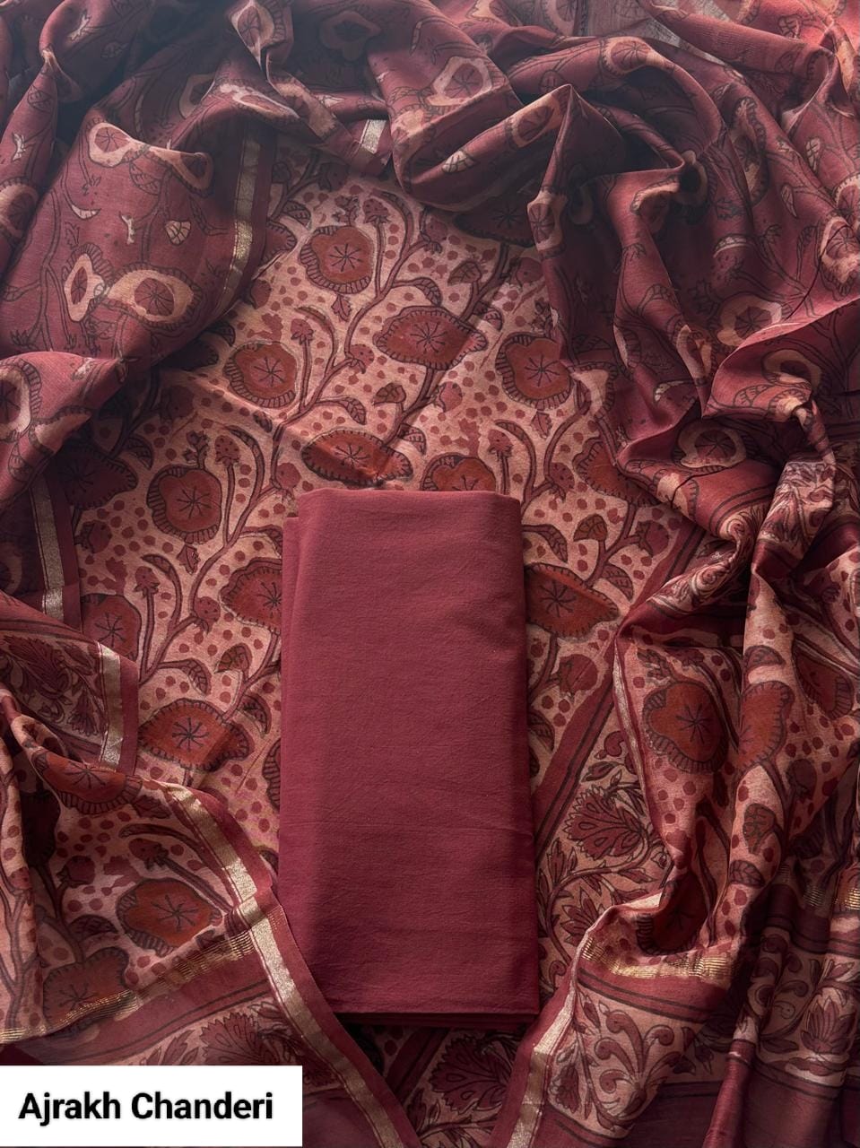 Pure Hand Block Chanderi Silk Unstitched Suit.