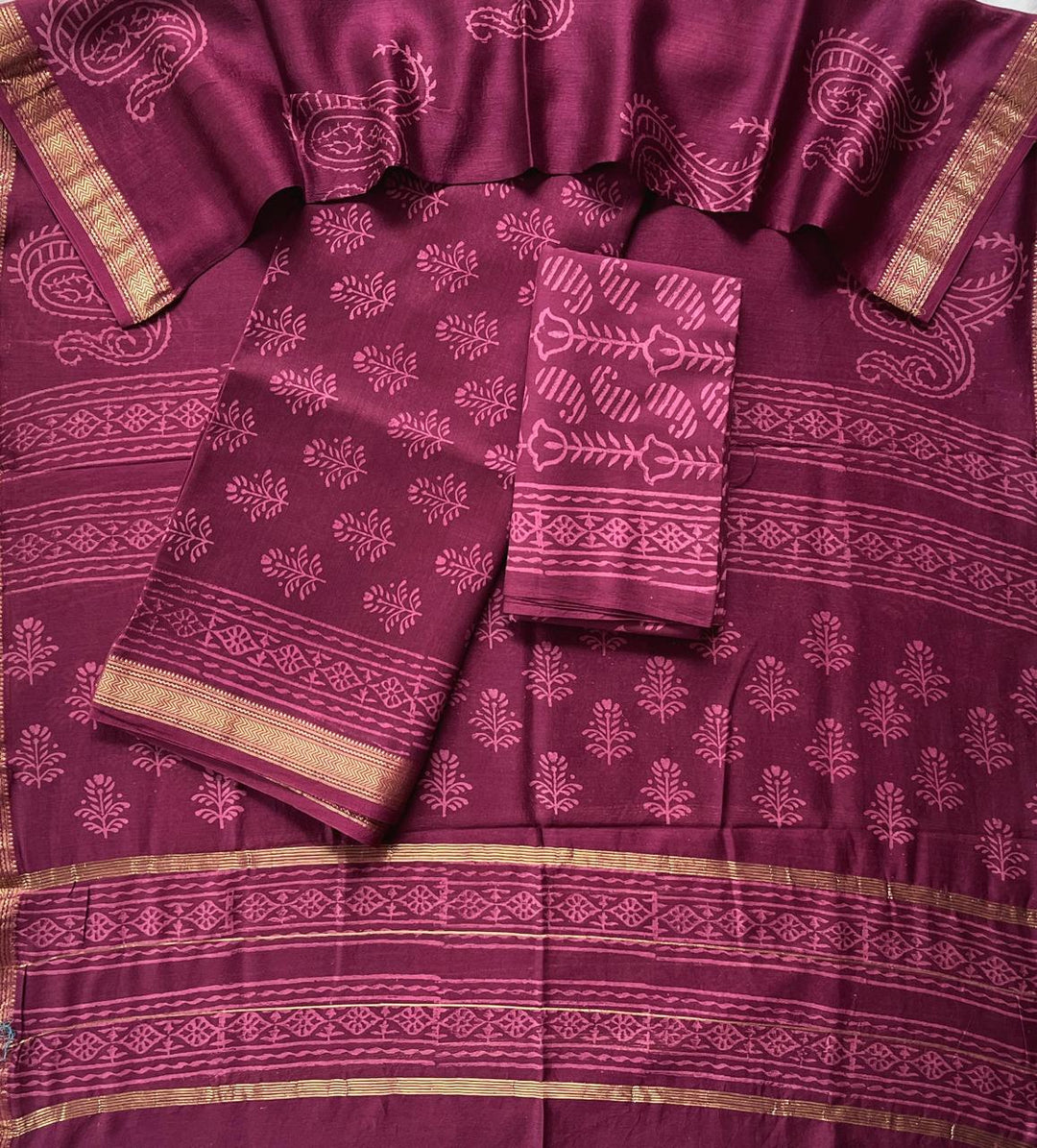 Pure Maheshwari Silk Hand block print Unstitched Suit.