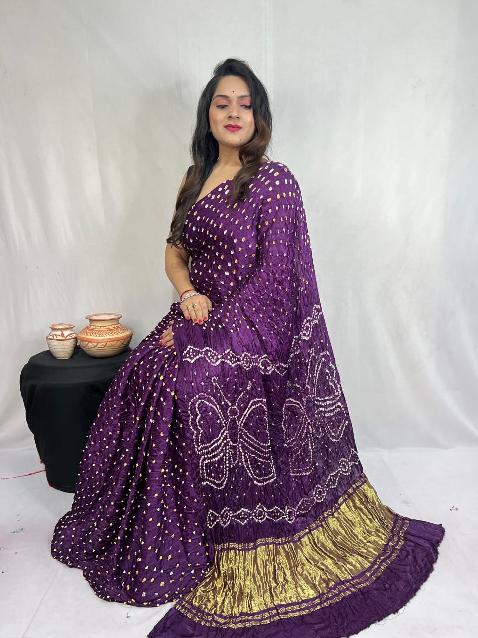 Pure Natural Dyeing Hand Block Bandhej Print Modal silk saree.