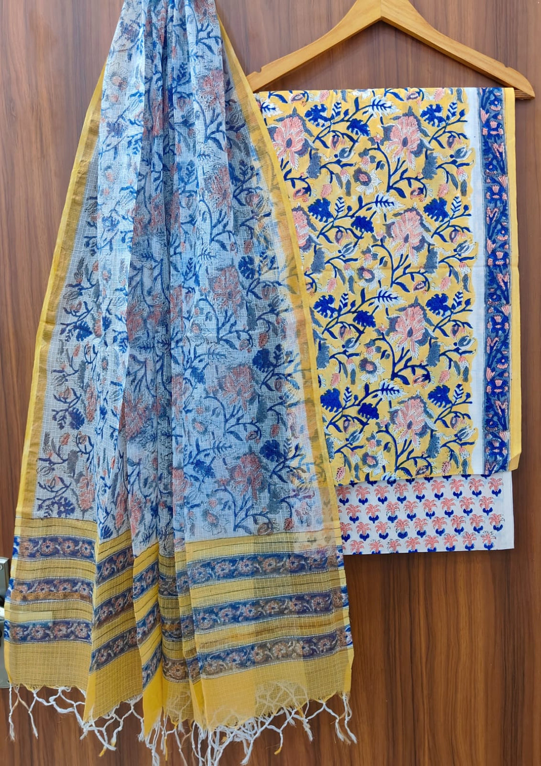 Pure Cotton Hand block print Unstitched Suit with Kota Dupatta .