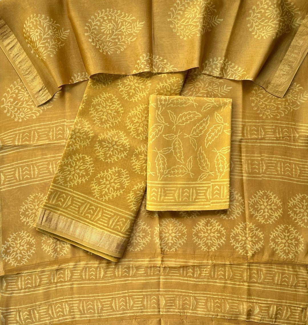 Pure Maheshwari Silk Hand block print Unstitched Suit.
