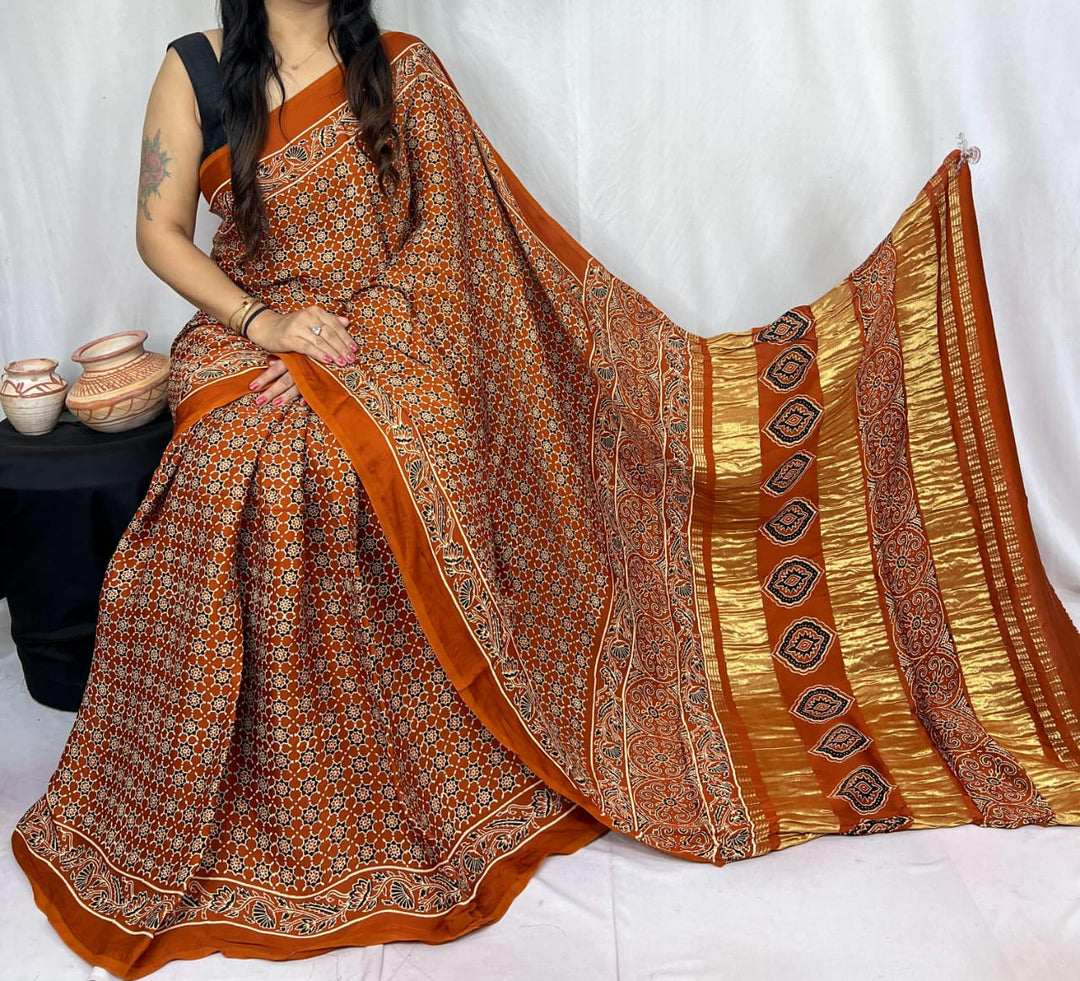 Pure Natural Dyeing Hand Block Print Modal silk saree.