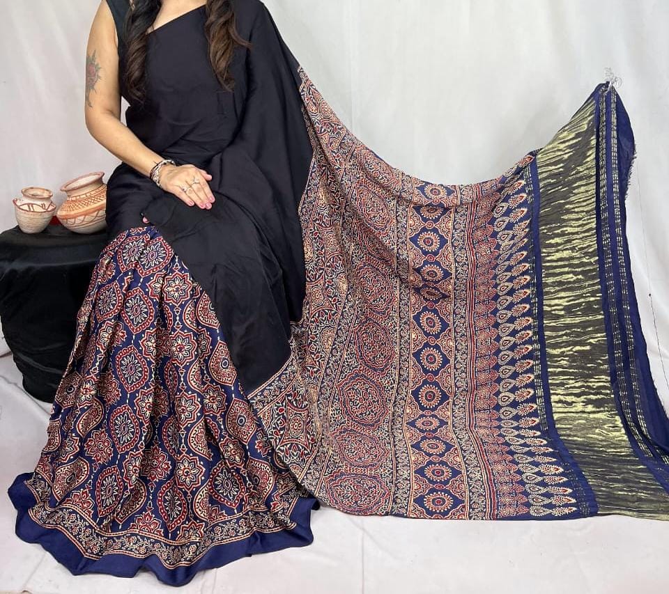 Pure Natural Dyeing Hand Block Print Modal silk saree.