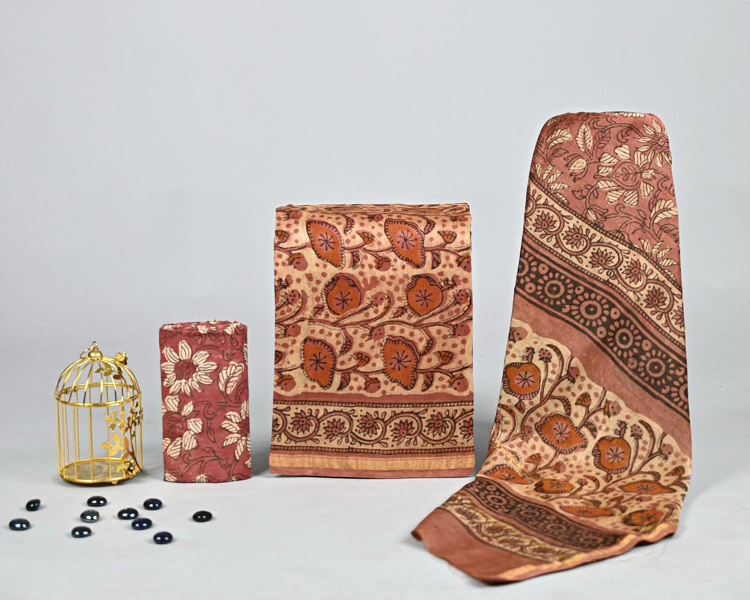 Pure Hand Block Chanderi Silk Unstitched Suit.