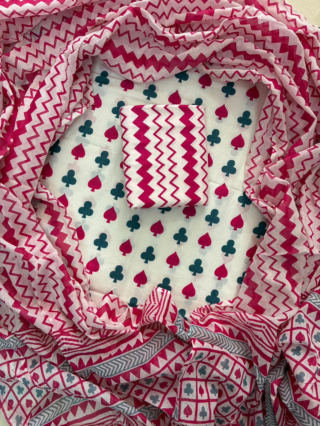 Pure Cotton Hand Block Printed Unstitched Suit Set With Cotton Dupatta.