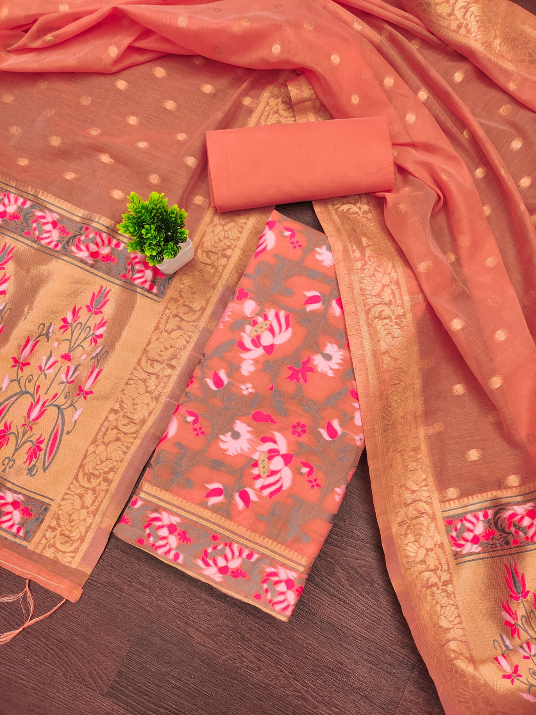 Pure Banarasi Cotton Jamdani Weaved Zari And Meenakari Work Unstitched Suit .