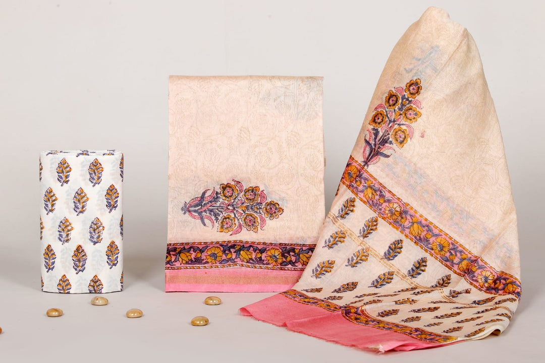 Pure Hand Block Chanderi Silk Unstitched Suit