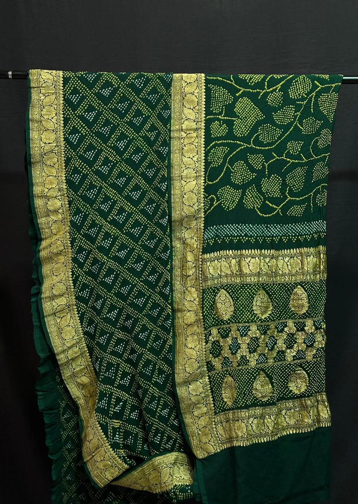 Pure Khaddi Georgette Handloom Kadhwa Zari Work saree With Raiy Bandhej AllOver.