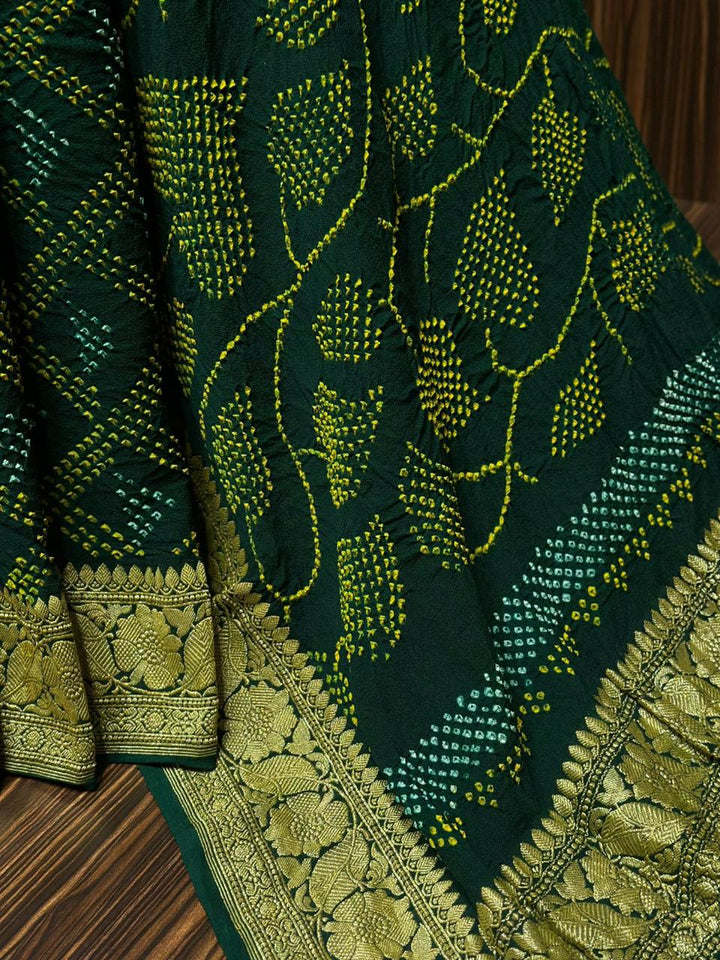Pure Khaddi Georgette Handloom Kadhwa Zari Work saree With Raiy Bandhej AllOver.