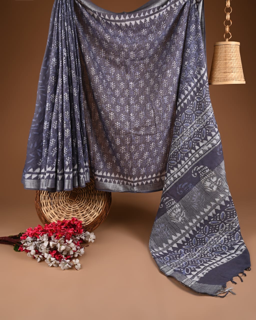 Hand Block Print Linen Saree with Blouse .