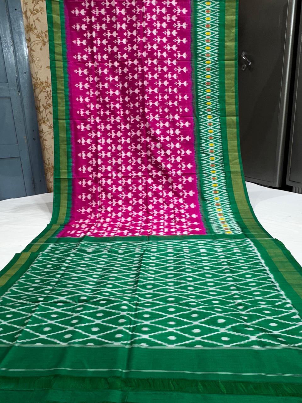 Pure Pochampally Ikkat Silk Saree With Blouse Pthani Pattern Border.