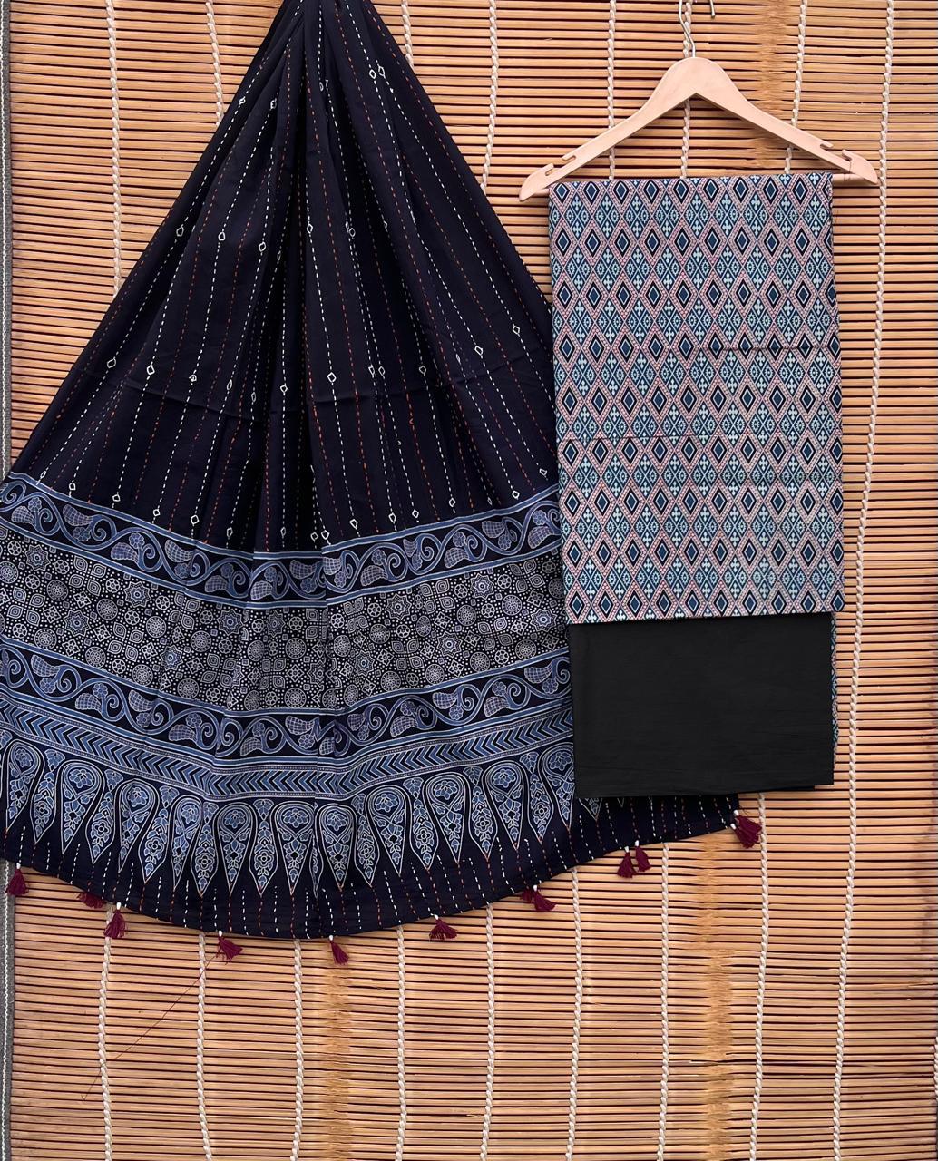Pure Cotton Azrakh Print Unstitched suit Whit Kantha Work Dupatta.