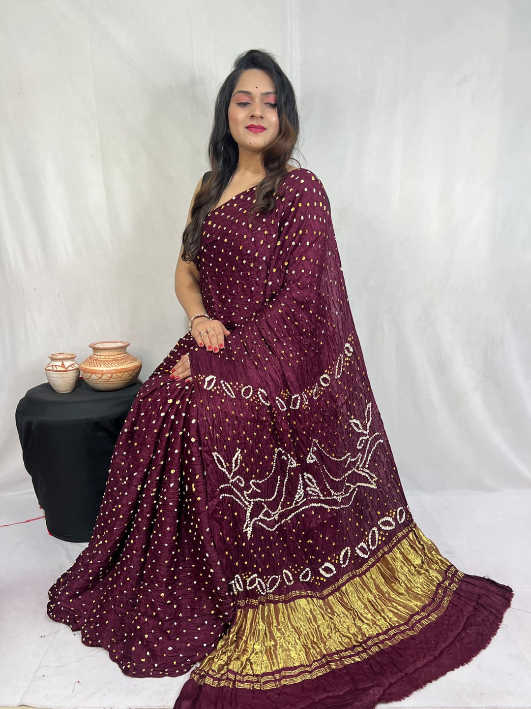 Pure Natural Dyeing Hand Block Bandhej Print Modal silk saree.