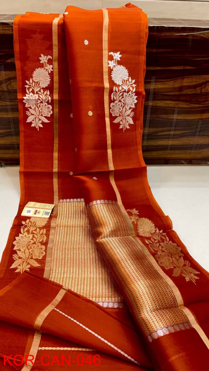 Pure Kora Organza Silk Hanloom Zari Work Saree.