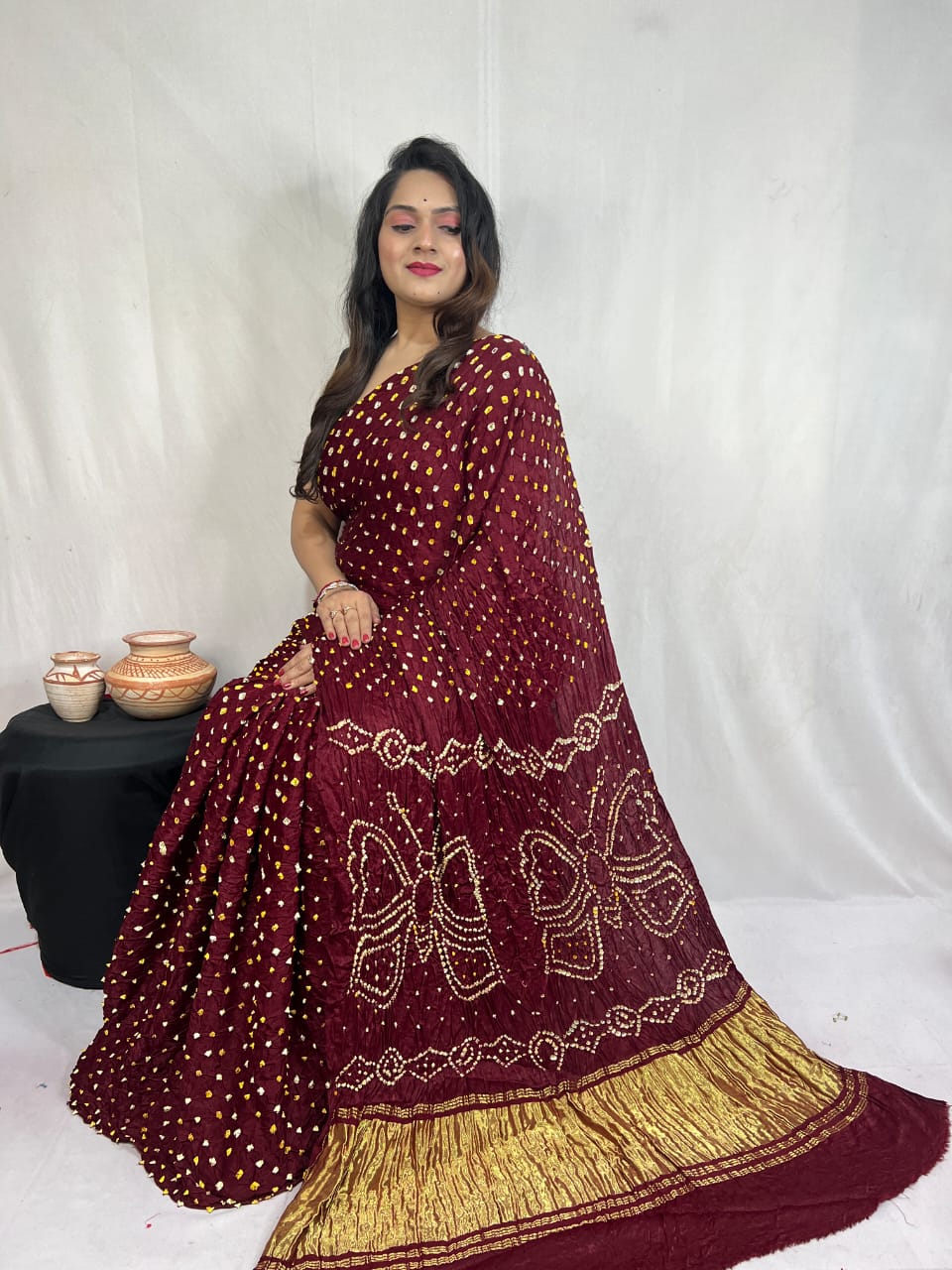 Pure Natural Dyeing Hand Block Bandhej Print Modal silk saree.