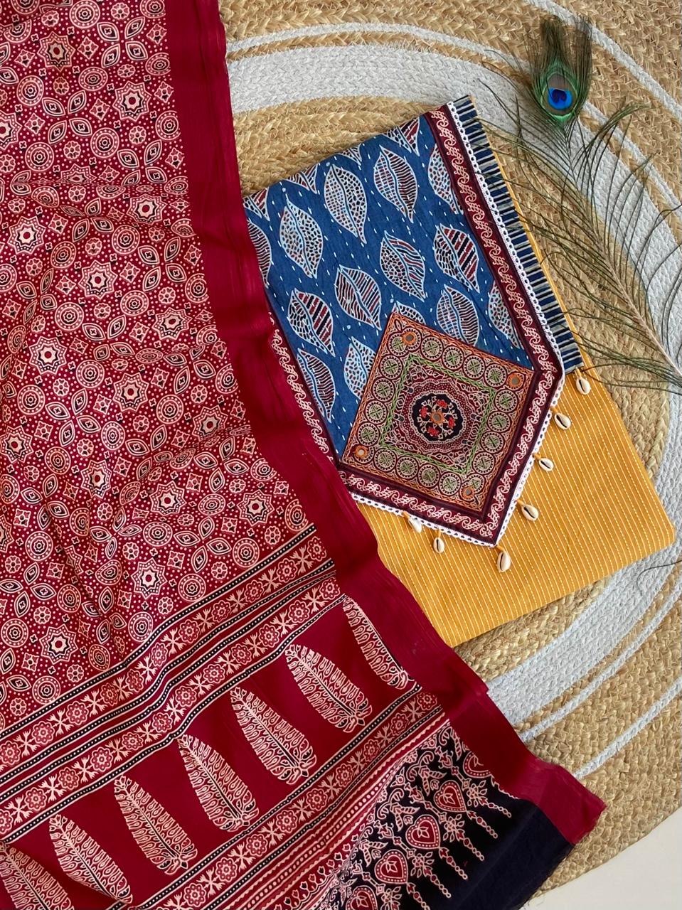 Pure Cotton Azrakh Print Yoke Handwork Unstitched suit .