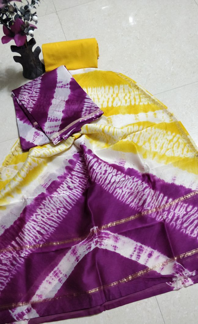 Pure Hand Block Chanderi Silk Unstitched Suit .