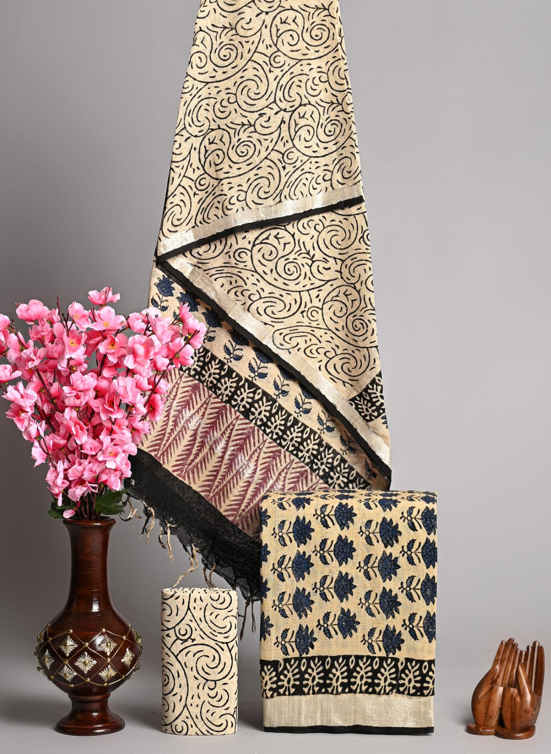 Hand Block Printed Linen Unstitched Suit .