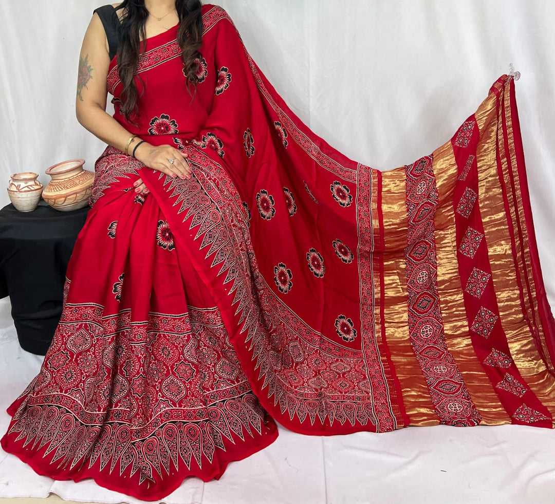 Pure Natural Dyeing Hand Block Print Modal silk saree.