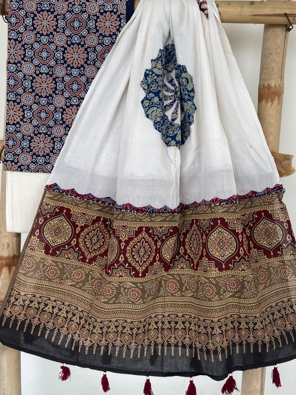 Pure Cotton Azrakh Print Unstitched suit with Patch Work Dupatta