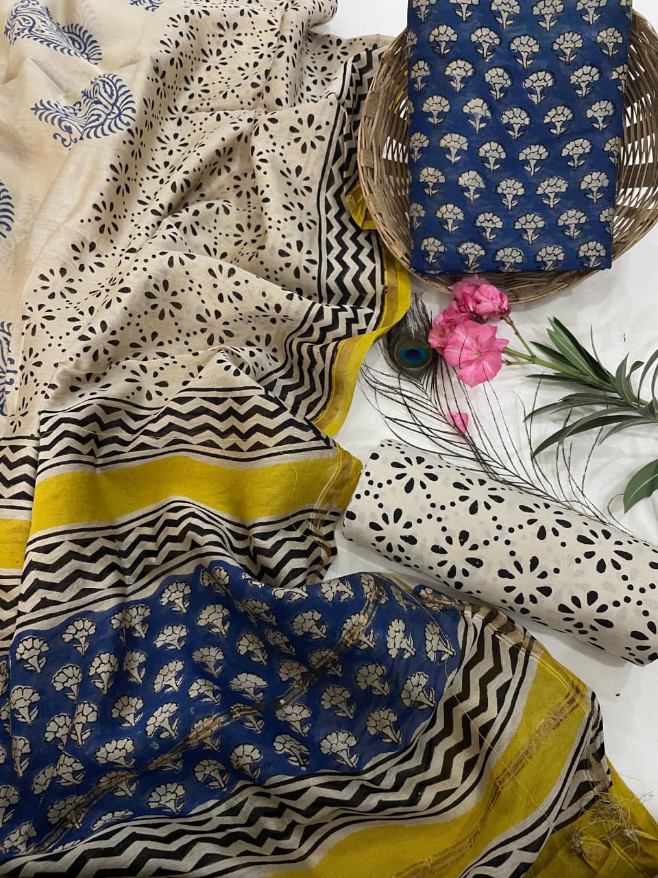 Pure Hand Block Chanderi Silk Unstitched Suit.