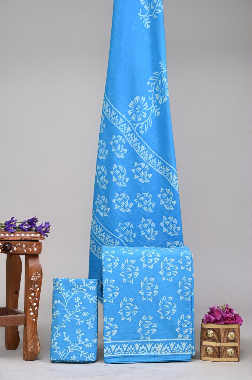 Pure Cotton Hand Block Printed Unstitched Suit Set With Cotton dupatta
