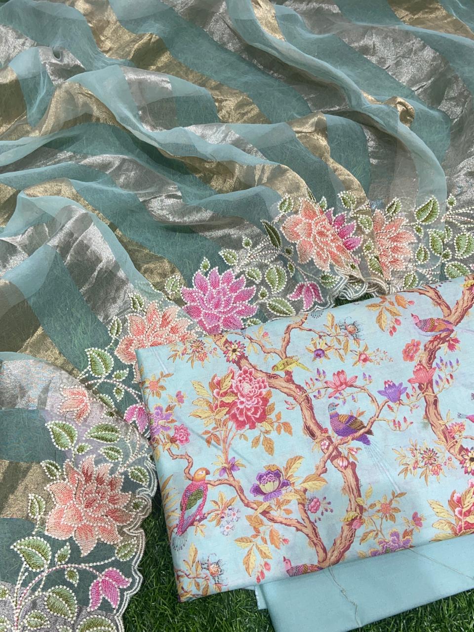 Pure Banarasi Resham Chanderi Silk Digital Print Unstitched Suit With Pure Tisshu Resham Work Dupatta.