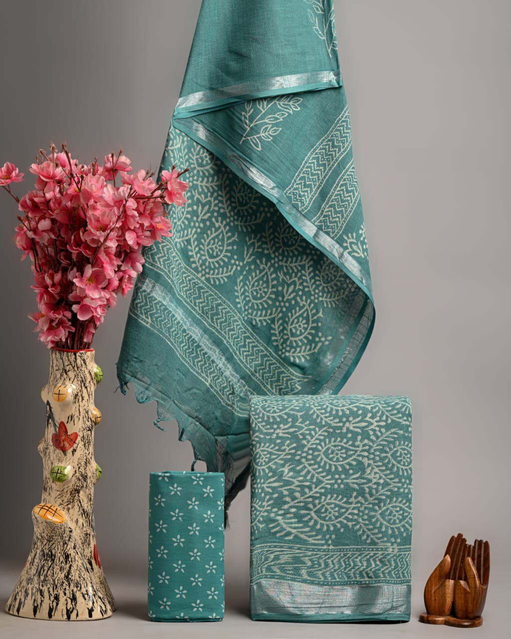 Hand Block Printed Linen Unstitched Suit .