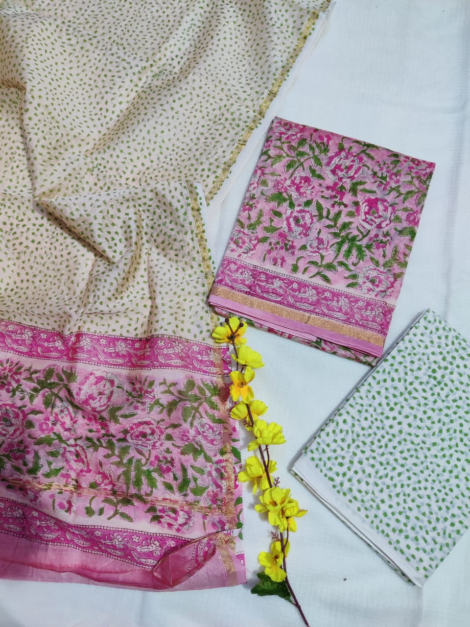 Pure Hand Block Chanderi Silk Unstitched Suit.