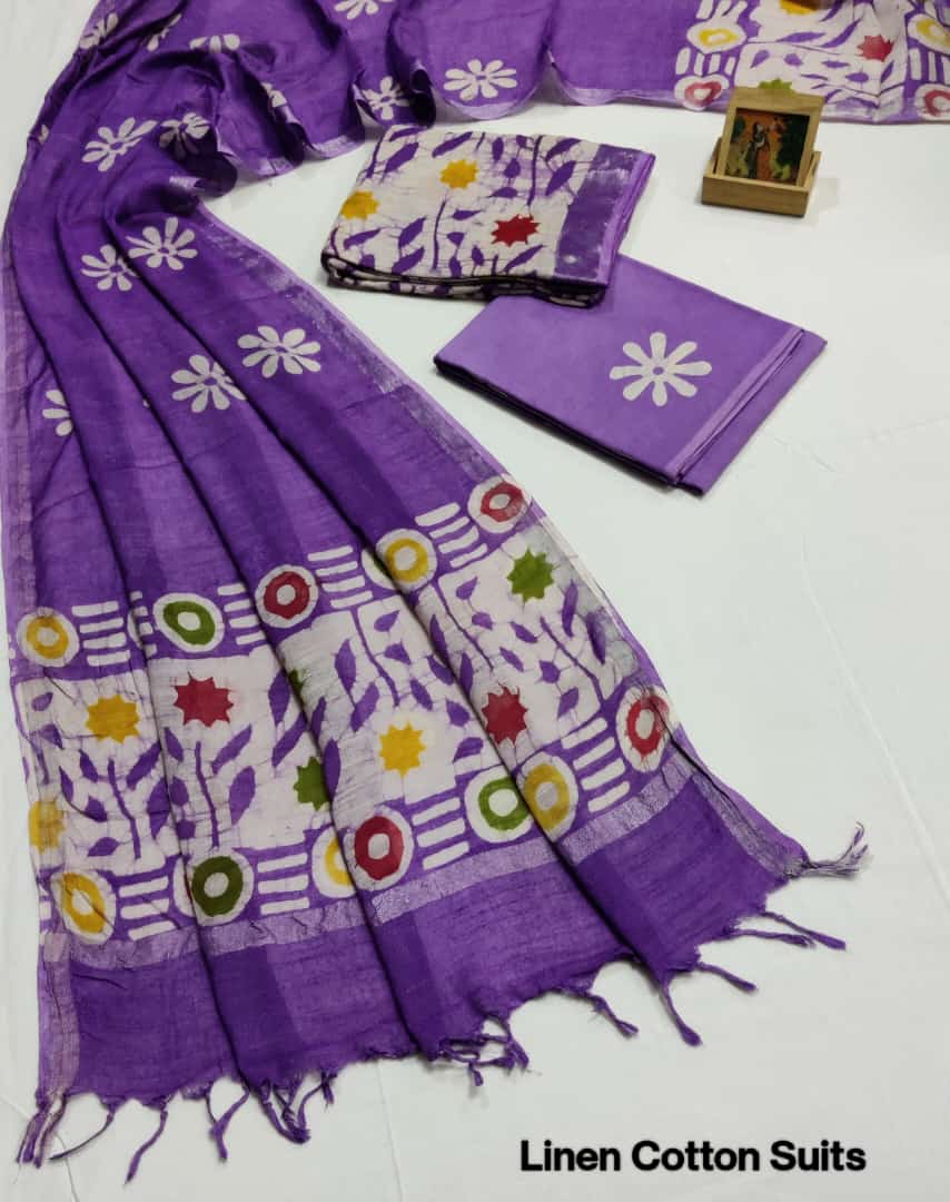 Hand Block Printed Linen Unstitched Suit .
