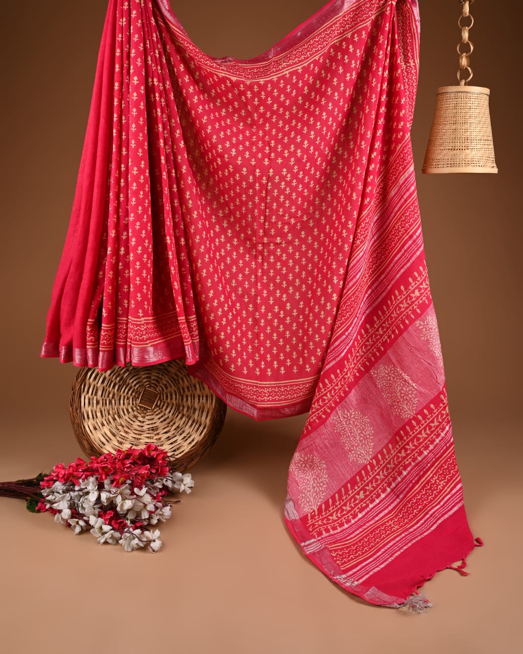 Hand Block Print Linen Saree with Blouse .