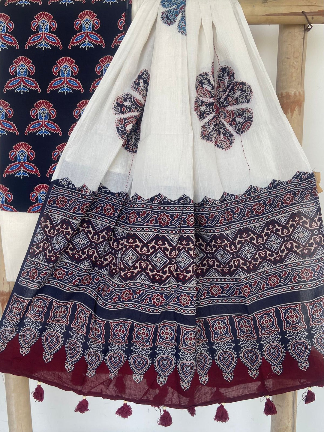 Pure Cotton Azrakh Print Unstitched suit with Patch Work Dupatta